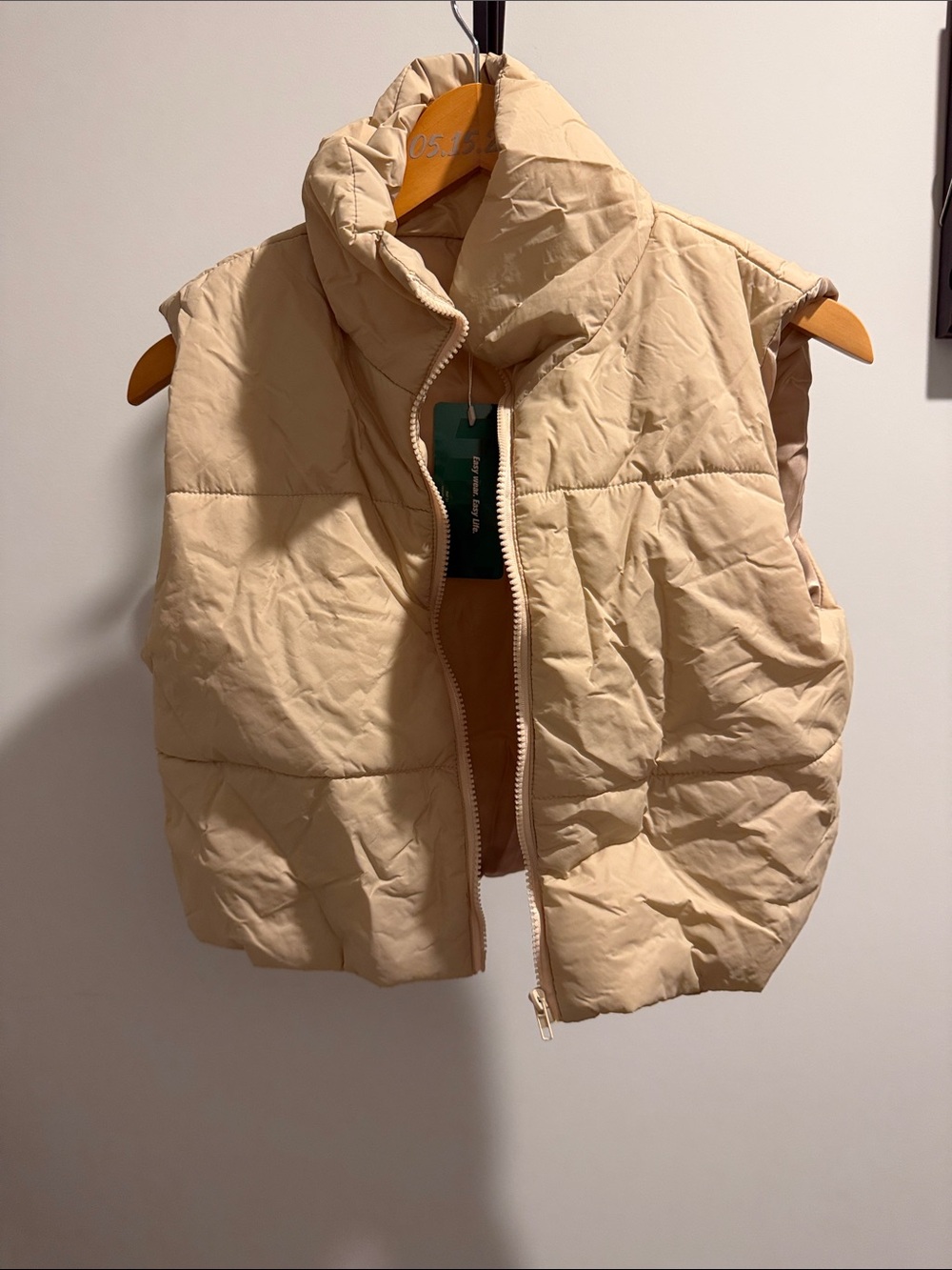 SHEIN Tan Quilted Puffer Vest with High Collar